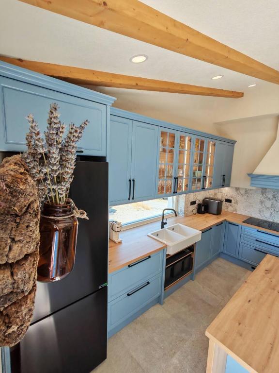 a kitchen with blue cabinets and a black refrigerator at Casa Bellea in Belej
