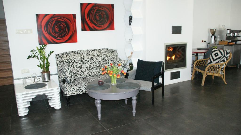 a living room with a couch and a table and a fireplace at Willa Plejady in Karpacz