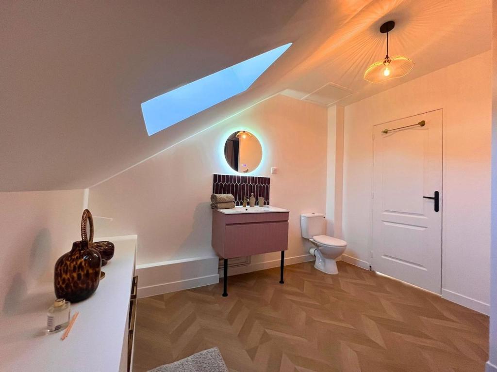 a bathroom with a sink and a toilet with a skylight at Maisons Sauvage 3 3 Bis in Romorantin