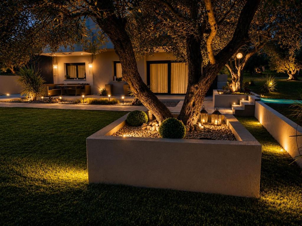 a garden at night with a tree and lights at Villa Onari in Alexandroupoli