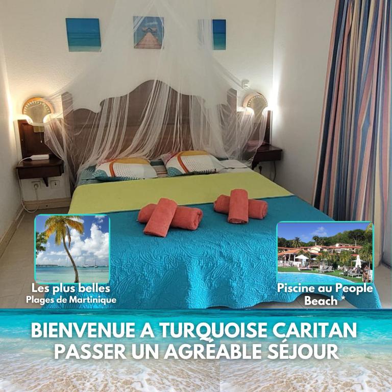 a bedroom with a blue bed with red pillows at Turquoise Caritan in Sainte-Anne