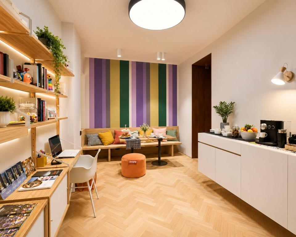 a living room with a colorful striped wall at La casa sugli Archi in Salerno