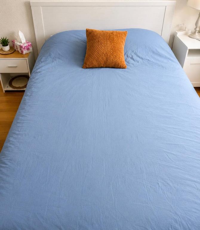 a blue bed with an orange pillow on it at Appartement Cosy Centre ville in Fribourg
