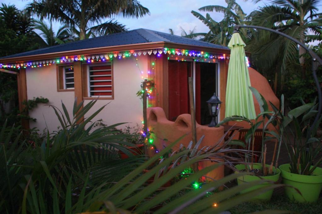 a small house with christmas lights in front of it at Cazadodo in Étang-Salé