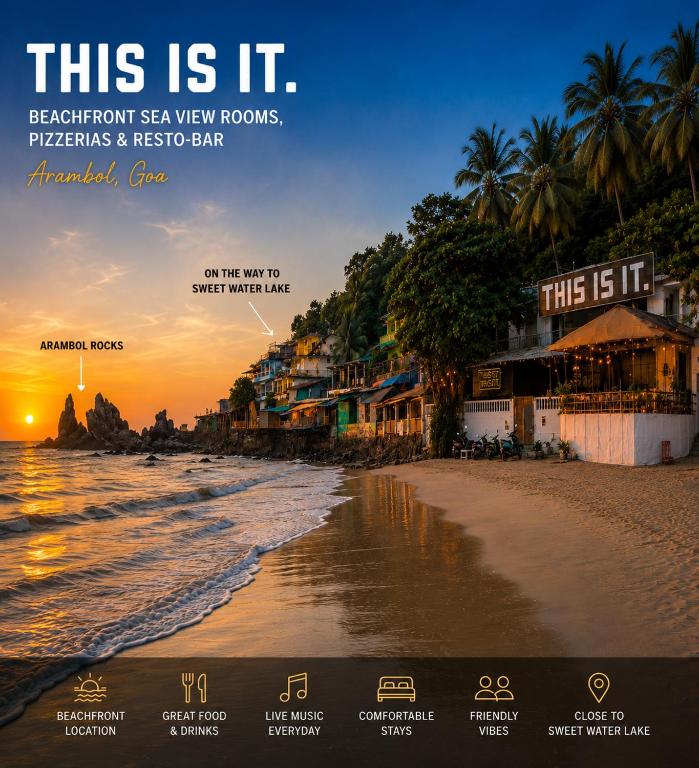 a poster of a beach with a sunset at This is it Stays - Beach View Rooms & Huts in Arambol