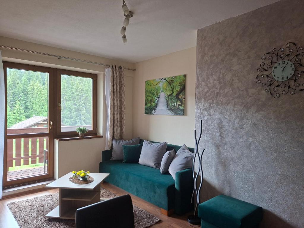 a living room with a green couch and a window at Apartments 17 - 23 AD Kamzík in Donovaly