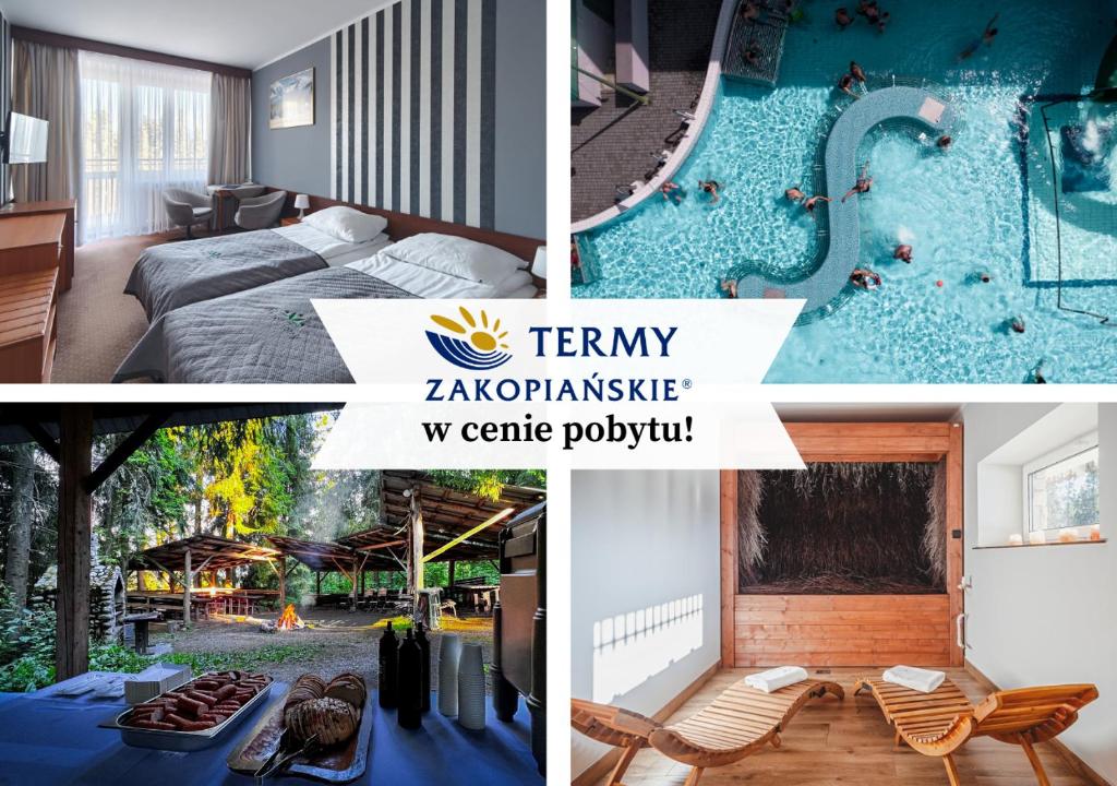 eine Collage von Bildern eines Hotelzimmers mit Swimmingpool in der Unterkunft Zespół Tatry - Hotel Tatry i Budynek Turystyczny in Murzasichle