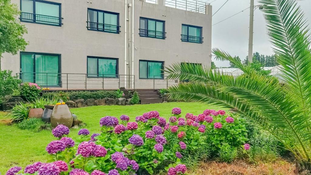 a building with purple flowers in front of it at Jeju ChunJaNe Pension in Seogwipo