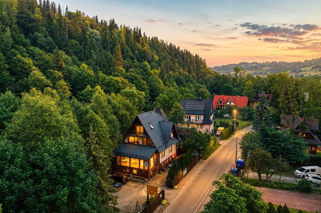 an aerial view of a house in the middle of a forest at Homestay Srebrny Potok in Zakopane