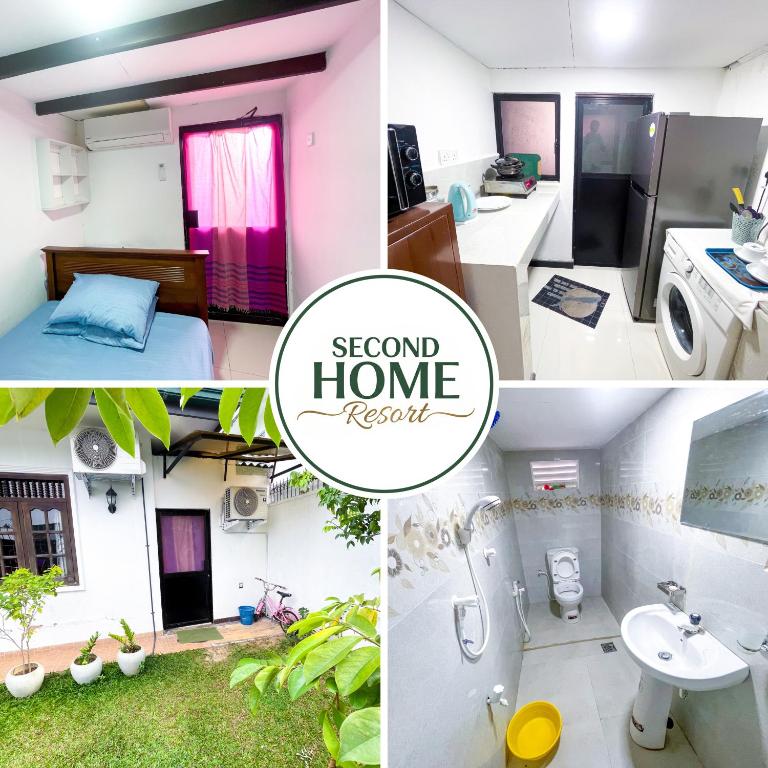 a collage of photos of a room with a bathroom at Second Home Resort - AC Units, Kitchen, Attached Bath Room, & WiFi in Boralesgamuwa