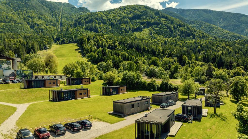 an aerial view of a park with cars parked in a field at Chaletpark Petzen in Feistritz ob Bleiburg