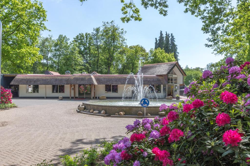 a fountain in front of a building with flowers at Koning te Rijk - Residence de Eese in De Bult