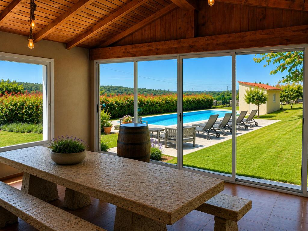 a dining room with a table and a view of a pool at Casa Ravel in Silleda
