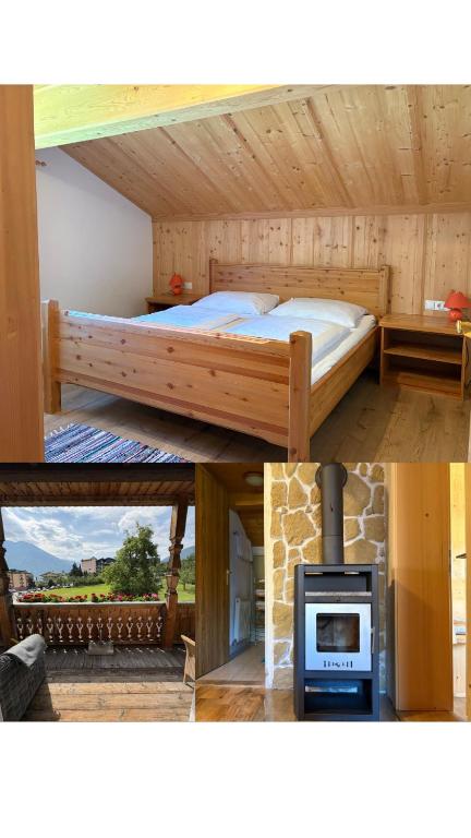 a collage of pictures of a bedroom with a bed and a stove at Ferienhof Kohler in Fügen