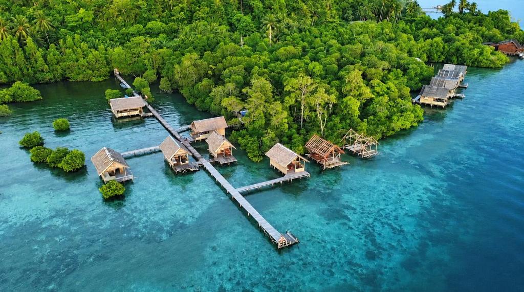 an aerial view of a resort island in the water at Nyanse Homestay - Raja Ampat in Besir