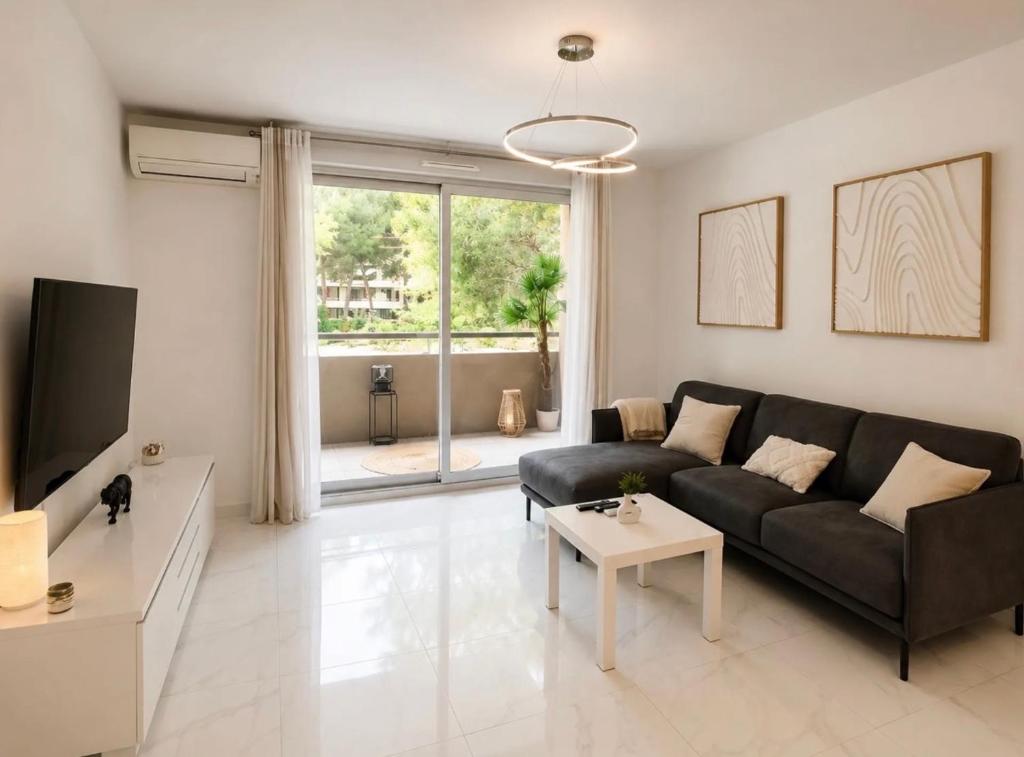 a living room with a black couch and a tv at Appartement luxury in Montpellier