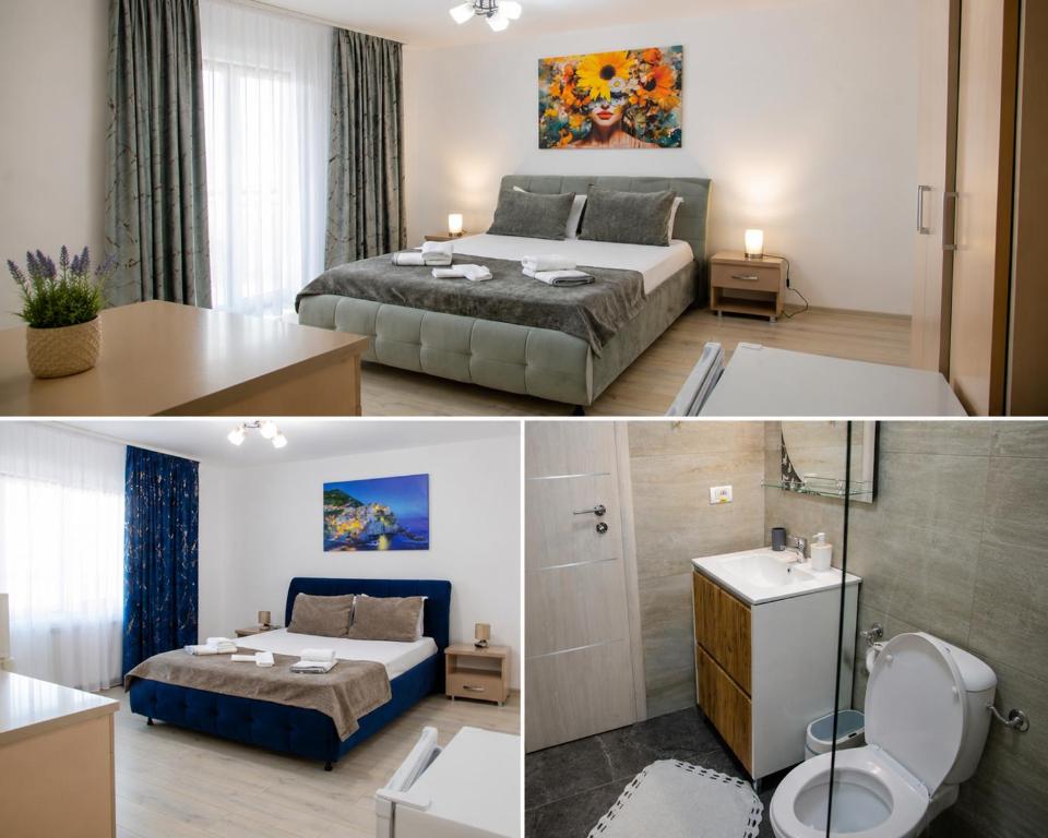 a hotel room with a bed and a bathroom at Casa Georgia in Târgu Ocna