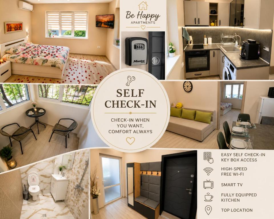 a collage of photos of a self check in room at Apartment Be Happy 6, Premium Apartment in Ruse City Centre in Ruse
