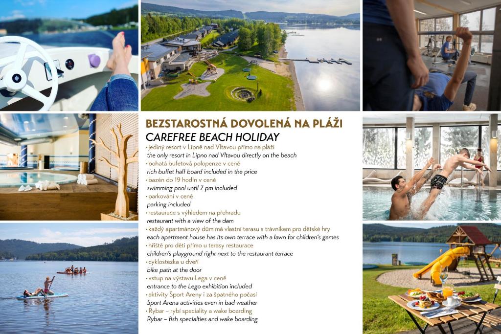 a collage of photos of a park and a lake at Amenity Hotel & Resort Lipno in Lipno nad Vltavou