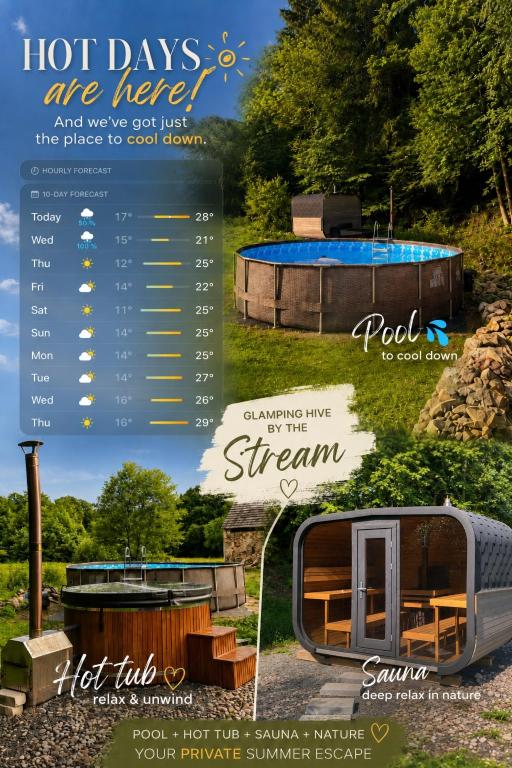 a collage of pictures of a tiny house at Glamping Hive by Stream in Víska