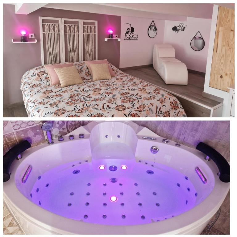 a room with a bed and a jacuzzi tub at Le secret show in Saumur