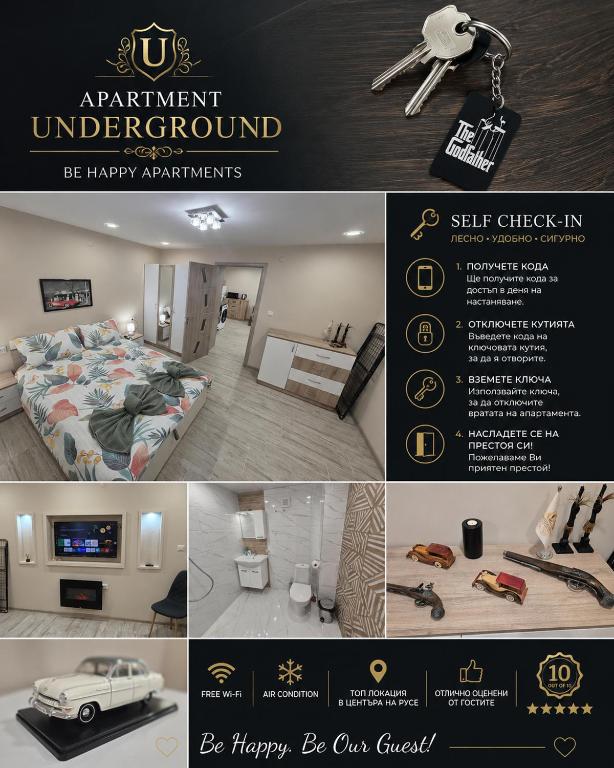 a collage of pictures of a room with a bed and a car at Apartment Underground, Premium Apartment in Ruse City Centre in Ruse
