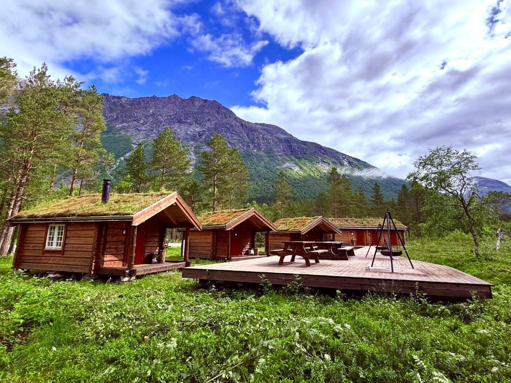 a log cabin with a picnic table in a field at Camp Dronningkrona in Ålvundeid
