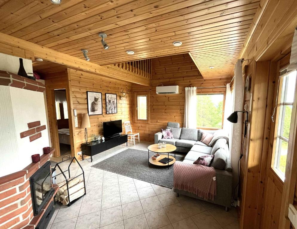 a living room with a couch and a fireplace at Lumi-Ilves Iso-Syöte in Syöte