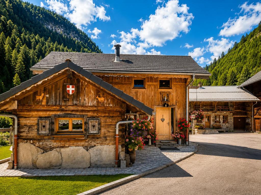 a wooden house with a mountain in the background at La R'mise in Montriond