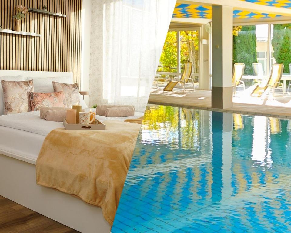 a living room with a large swimming pool at RELAX - APPARTEMENTS Allgäu I Berge I Familien I Paare I Business I Wellness I WLAN I Parkplatz in Scheidegg