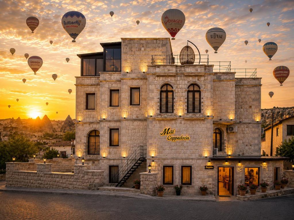 a building with hot air balloons in the sky at Mai Cappadocia in Göreme