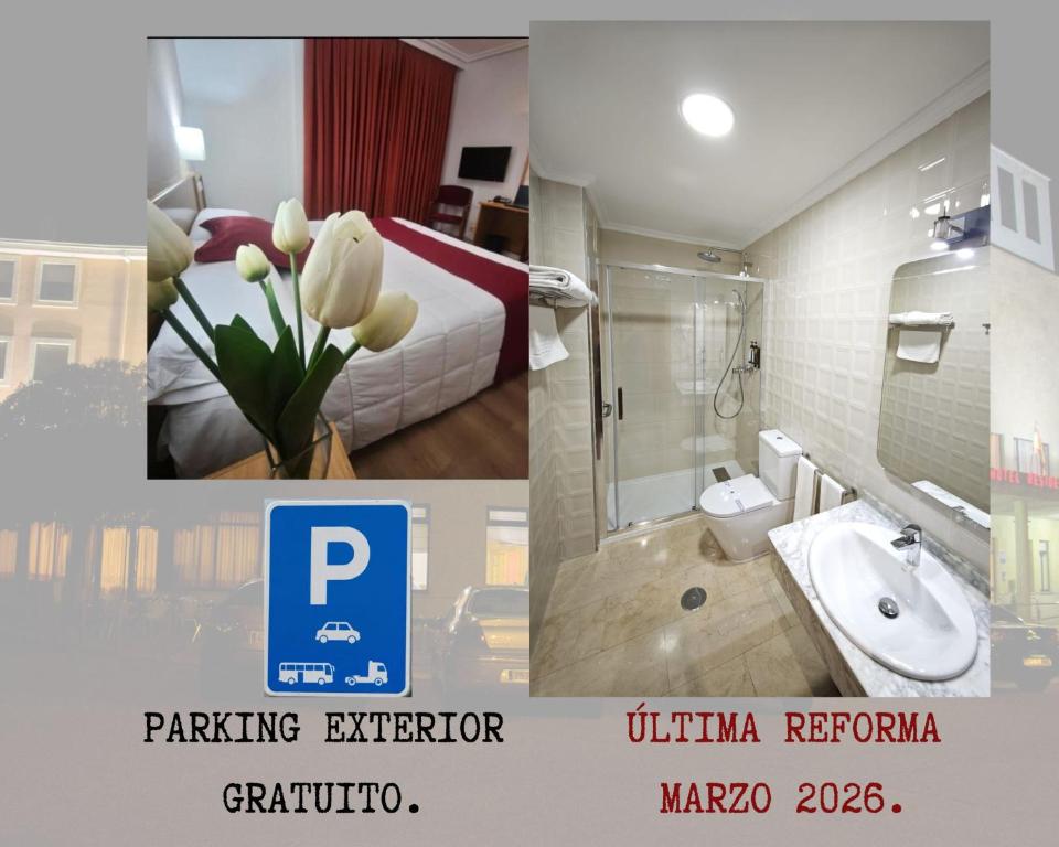 a collage of two pictures of a hotel room at Hotel Helmántico in Villares de la Reina