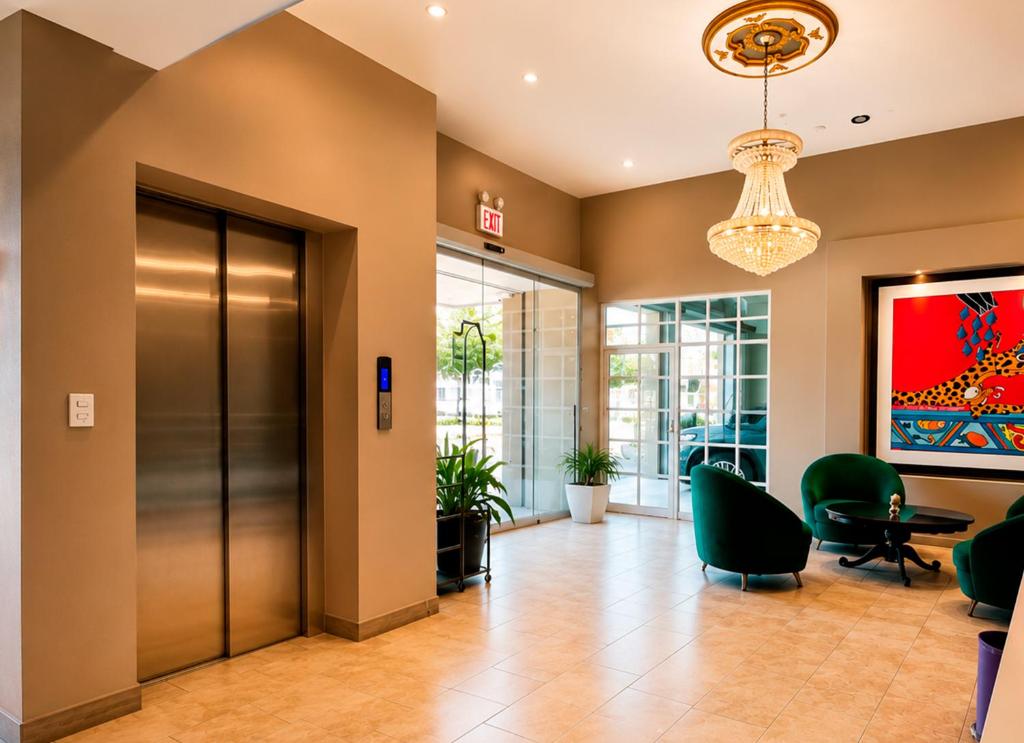 an office lobby with a elevator and a chandelier at Hotel Cacaxtla Collection in Tlaxcala de Xicohténcatl