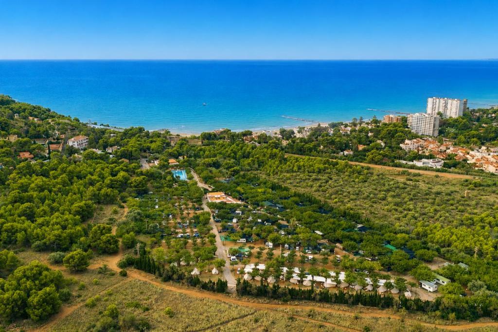 an aerial view of a city with trees and the ocean at Kampaoh Benicàssim in Benicàssim