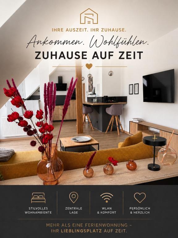 a poster of a living room with a couch at Pro Home Mara private Sauna in Bad Oeynhausen