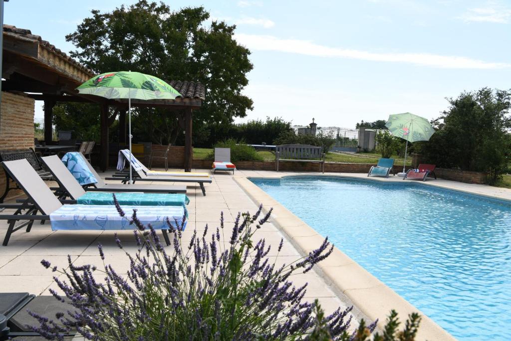 a swimming pool with lounge chairs and an umbrella at Domaine familial, Le Parc de Gouts in Aiguillon