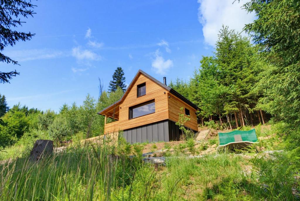 a wooden house in the middle of a field at Forest&Lake Retreat in Dehtáře