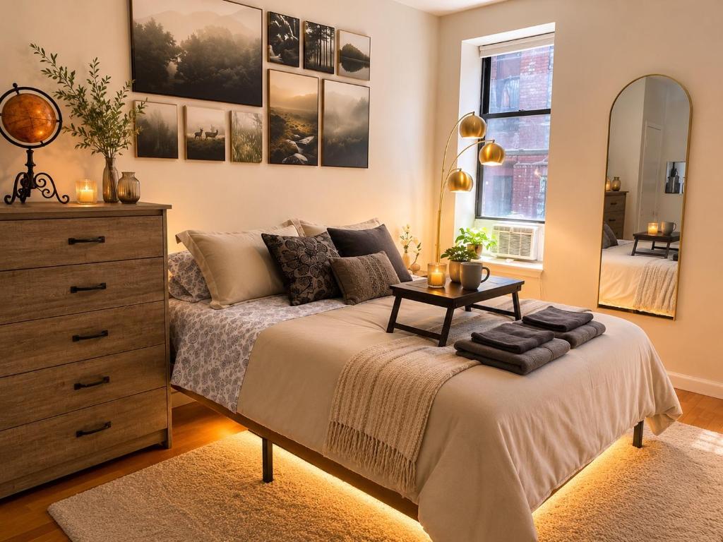 a bedroom with a bed with a dresser and a mirror at Union Nest in New York