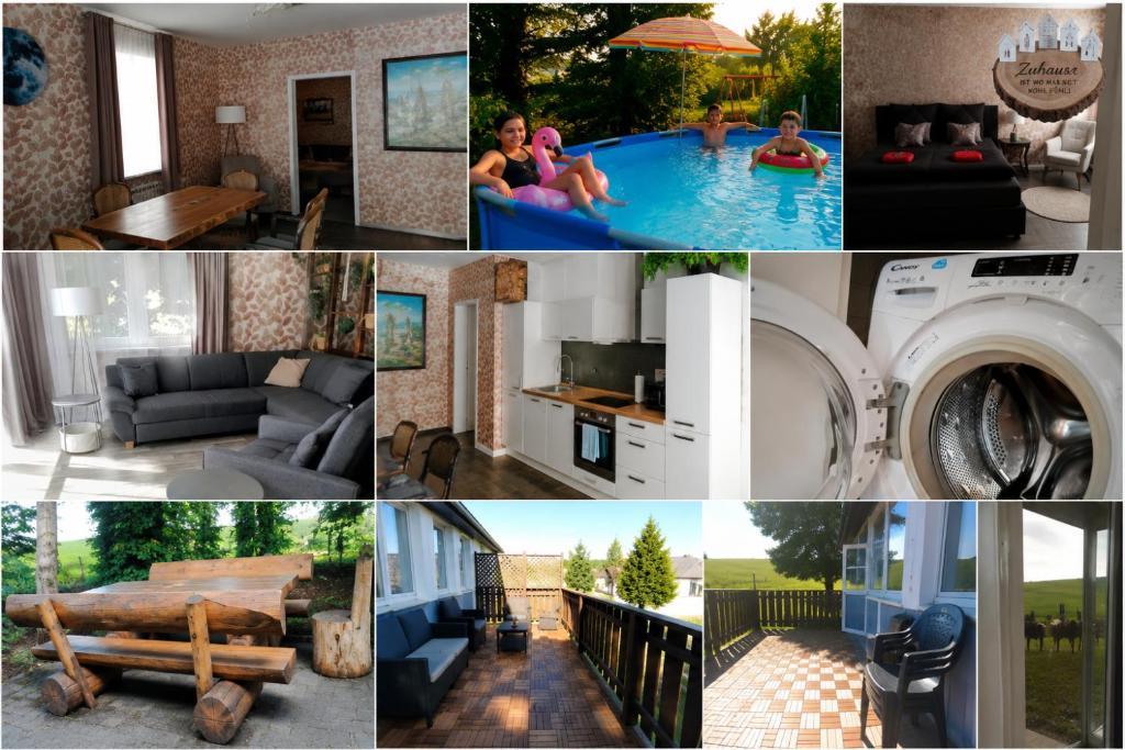 a collage of photos with people in a pool at Familien FEWO Spielzimmer Balkon nahe Freizeitpark Plohn DZ eig Bad Küche gratis Kaffee Sitzecke Gemeinschaftspool im Garten Frühstückskorb auf Anfrage in Auerbach