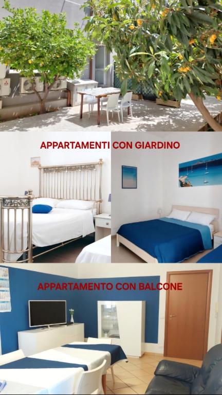 a collage of three pictures of a room at Casa Granata in Trapani