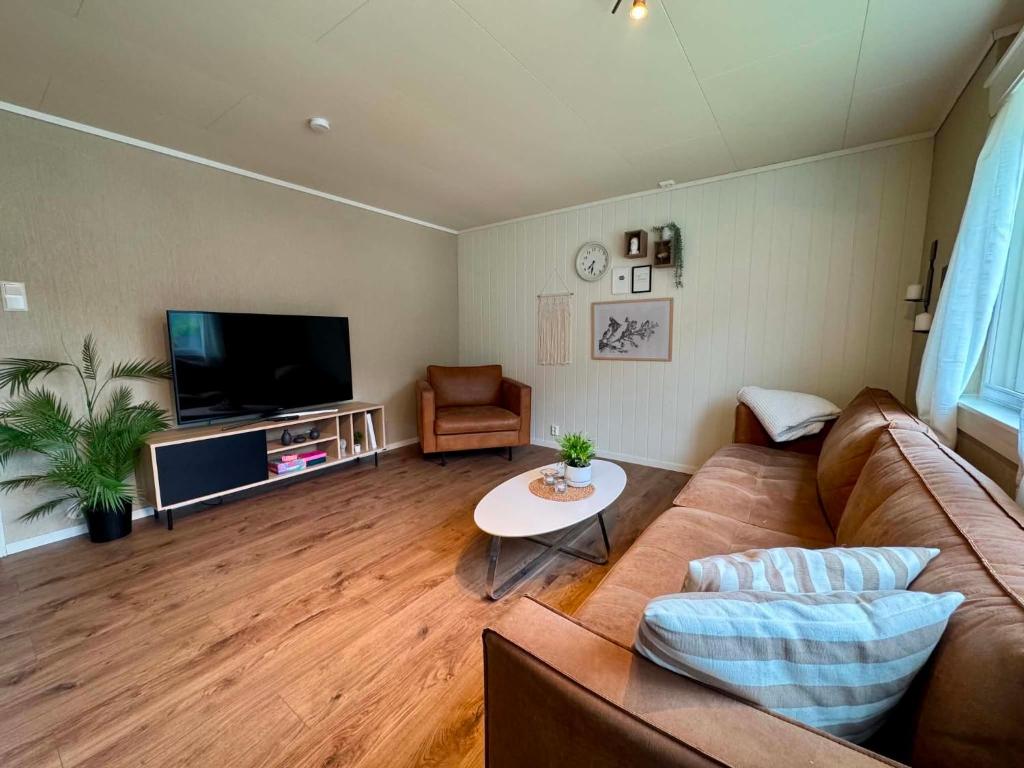 a living room with a couch and a tv at Fonnagata in Åndalsnes