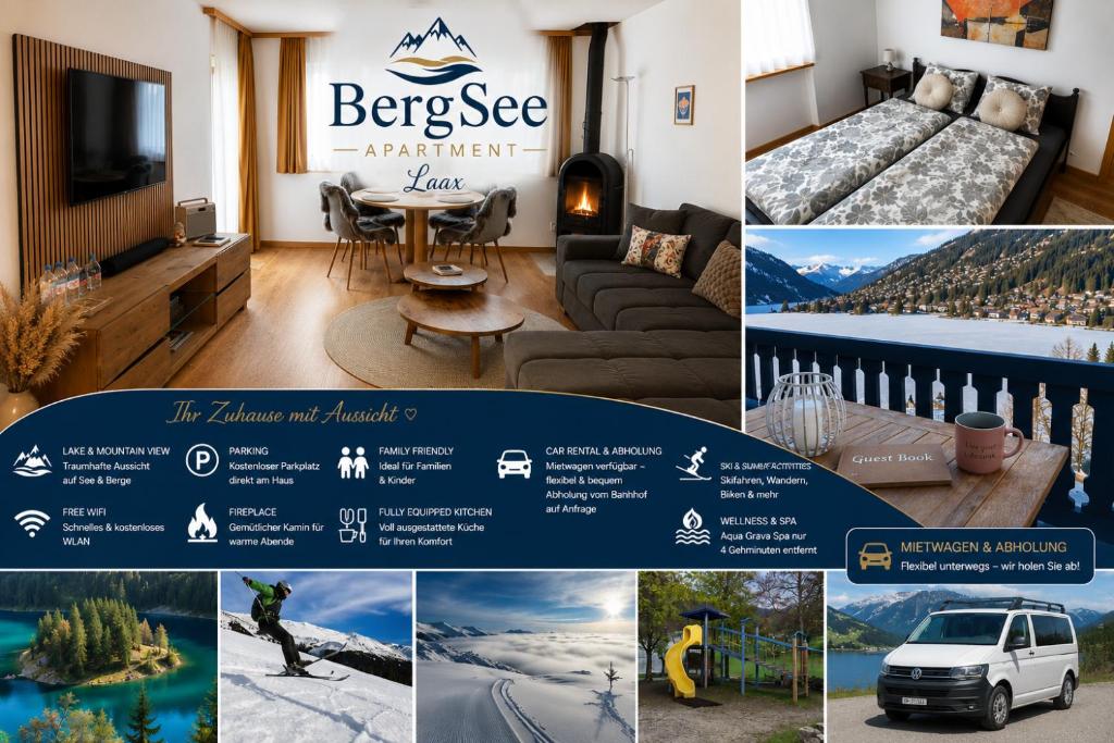 a collage of photos of a living room with a bedroom at BergSee Apartament Laax in Laax