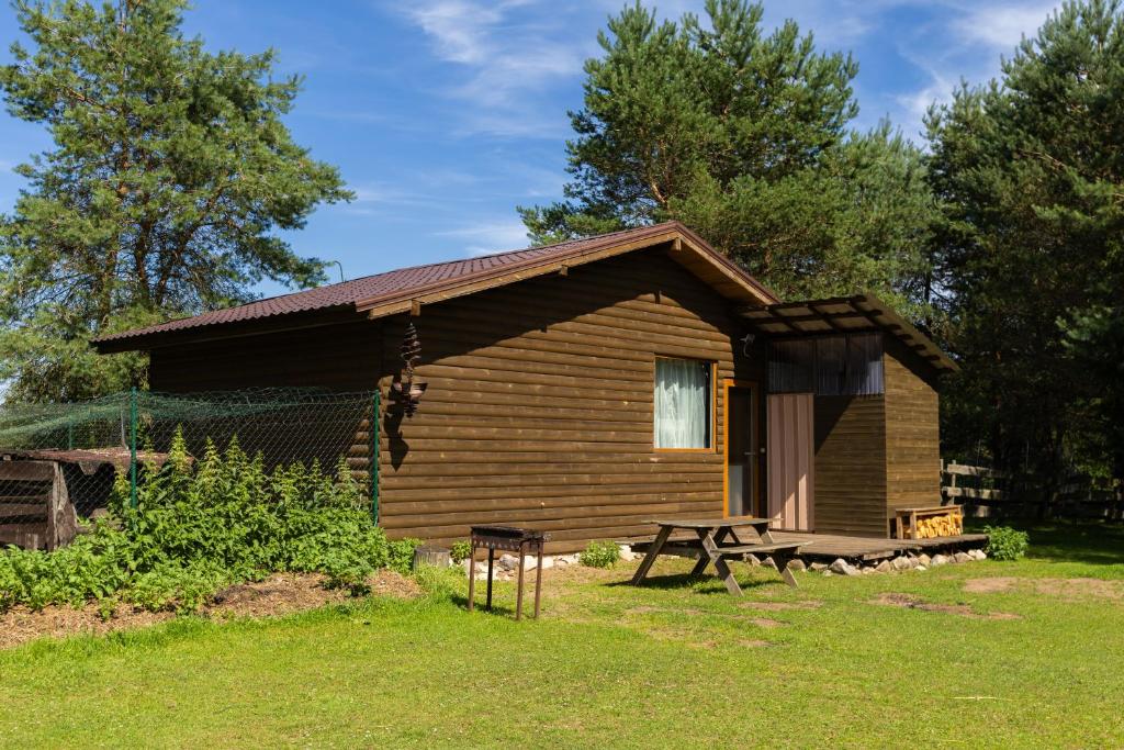 a cabin with a picnic table in front of it at Pie lacuksa in Tīnūži