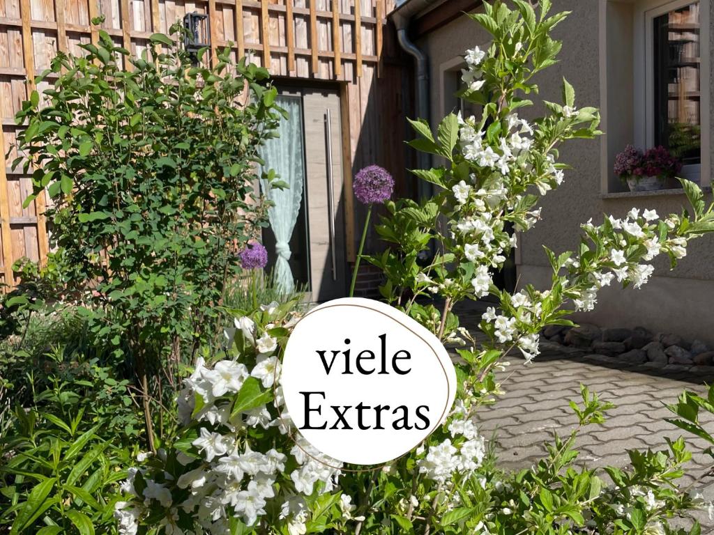 a garden with white flowers and the words ville extras at Kochstedter Wohnstuben - Fewo mit Naturbaustoffen in der Bauhausstadt Dessau - hundefreundlich - ebenerdig - mit Garten - Parkplatz inklusive in Dessau