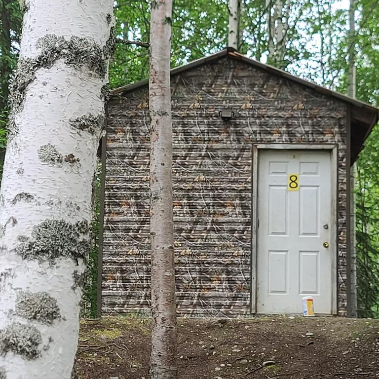 a small building with a white door in the woods at Cozy Camo Cottage #8 in Houston