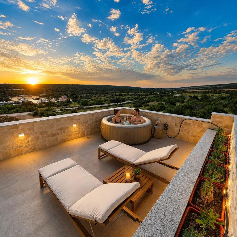 two people in a bath tub on a balcony with the sunset at Sunrise & Sunset villa Šimuni by Pag tours in Šimuni