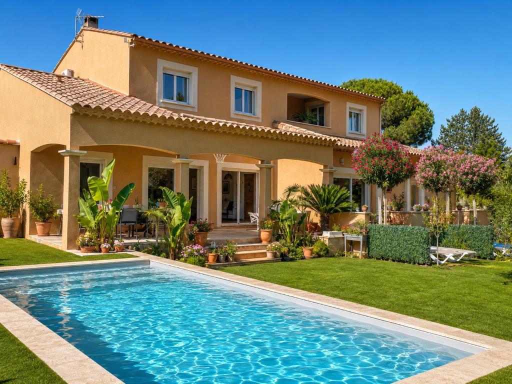 a villa with a swimming pool in front of a house at Lou Meinado, un concept "comme à l'hôtel" in Saint-Martin-de-Crau