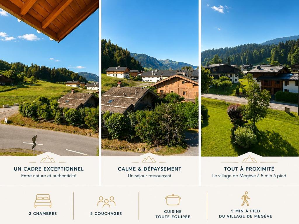 a collage of four pictures of a house at *** Le Refuge *** Logement standing Megève in Demi-Quartier