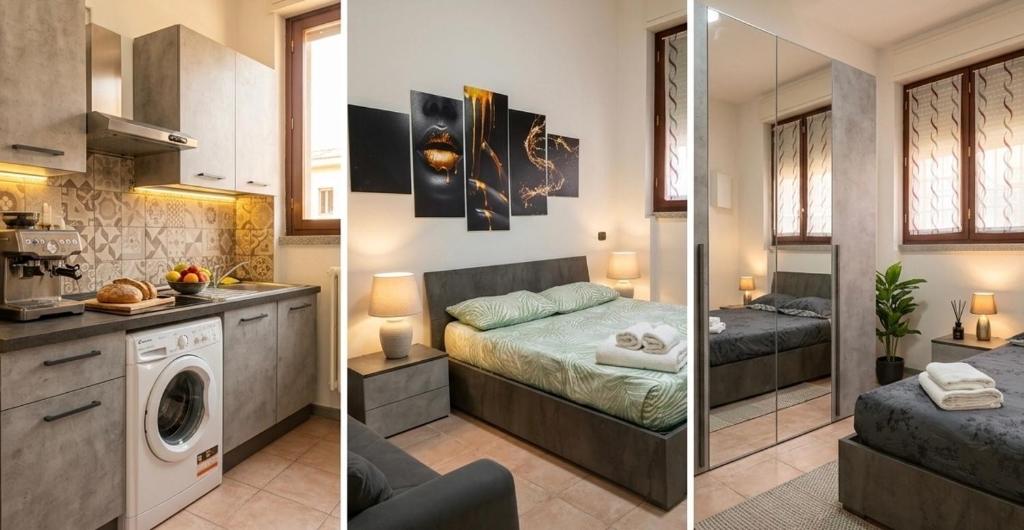 two pictures of a kitchen and a living room at Jessy house in Cantù