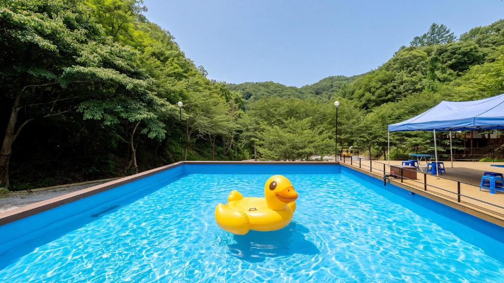 a yellow rubber duck in a swimming pool at Mungyeong Between Mountains Pet Pension in Mungyeong